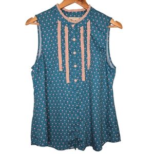 ModCloth Teal Pink Floral Print Ruffled Trim Cottagcore Sleeveless Blouse Large